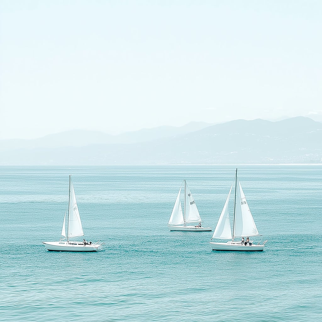 This artwork shows three white sailboats on calm turquoise water with mountains in the distance.