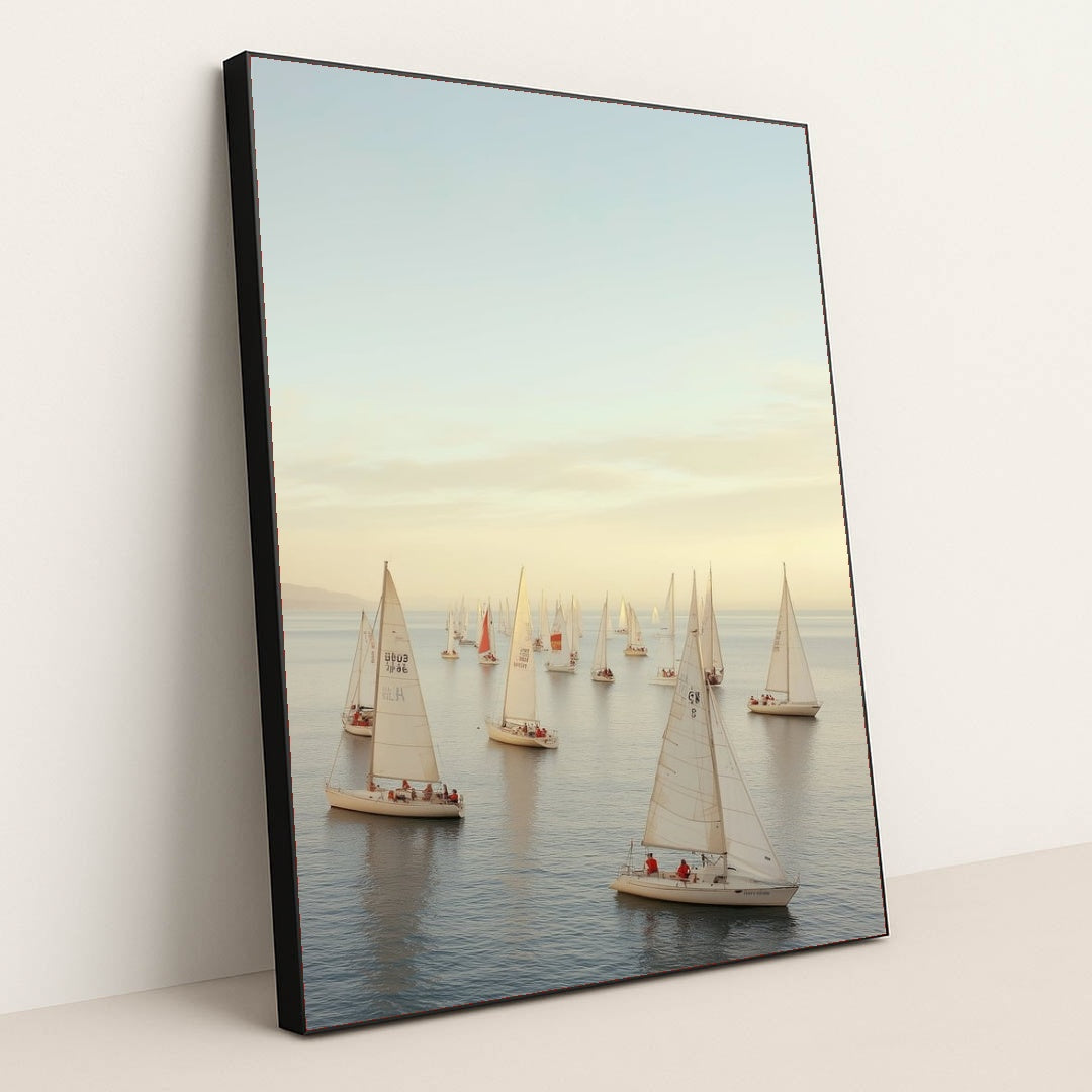 Golden Hour Regatta sailboat wall art featuring elegant white sailboats on calm waters, displayed in a sleek black frame for coastal decor.