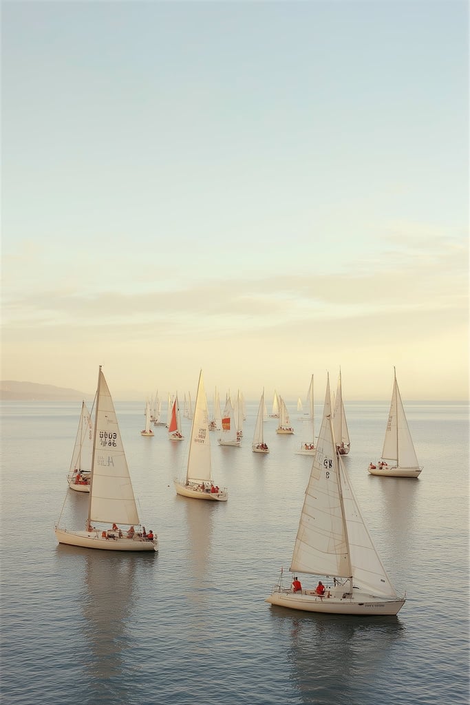 Golden Hour Regatta sailboat wall art of tranquil fleet on calm sea, framed in white for coastal wall décor.