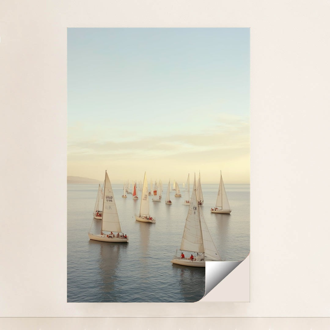 Golden Hour Regatta sailboat wall art featuring elegant sailboats on calm water, displayed unframed for modern coastal decor.