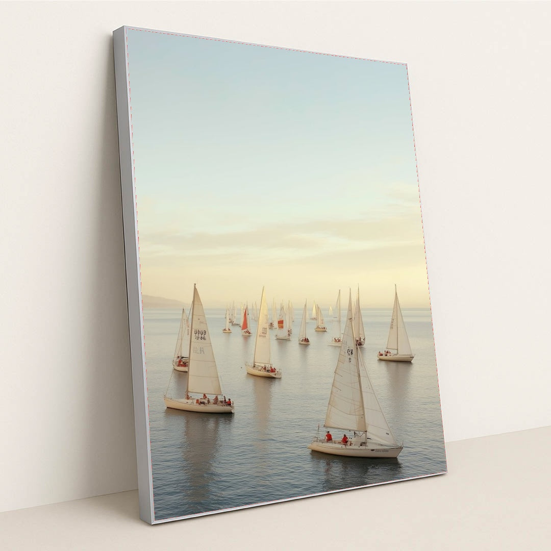 Golden Hour Regatta with elegant sailboats on tranquil waters, displayed in silver frame for coastal wall décor.