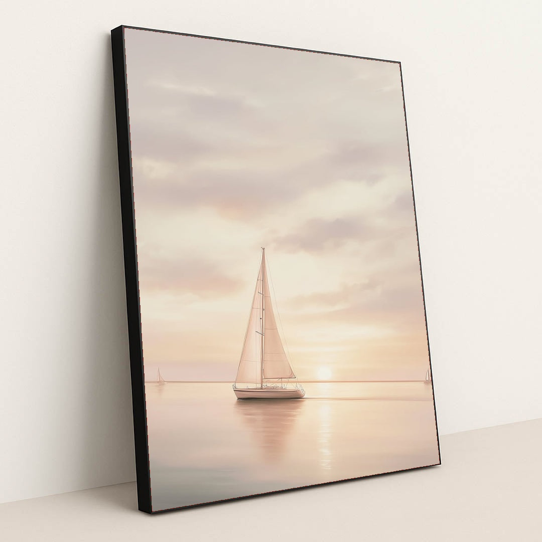 Pastel Passage artwork features a serene sailboat on calm water at sunset, with soft pastel skies, displayed in a black frame.