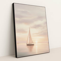 Pastel Passage artwork features a serene sailboat on calm water at sunset, with soft pastel skies, displayed in a black frame.