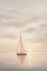 Pastel Passage artwork features a serene sailboat on calm water at sunset, with soft pastel skies.