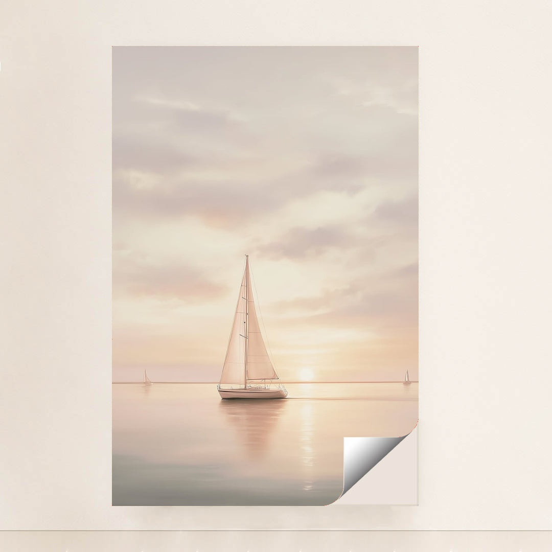 Pastel Passage artwork features a serene sailboat on calm water at sunset, with soft pastel skies, shown in a unframed style.