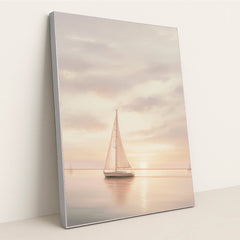 Pastel Passage artwork features a serene sailboat on calm water at sunset, with soft pastel skies, displayed in a silver frame.