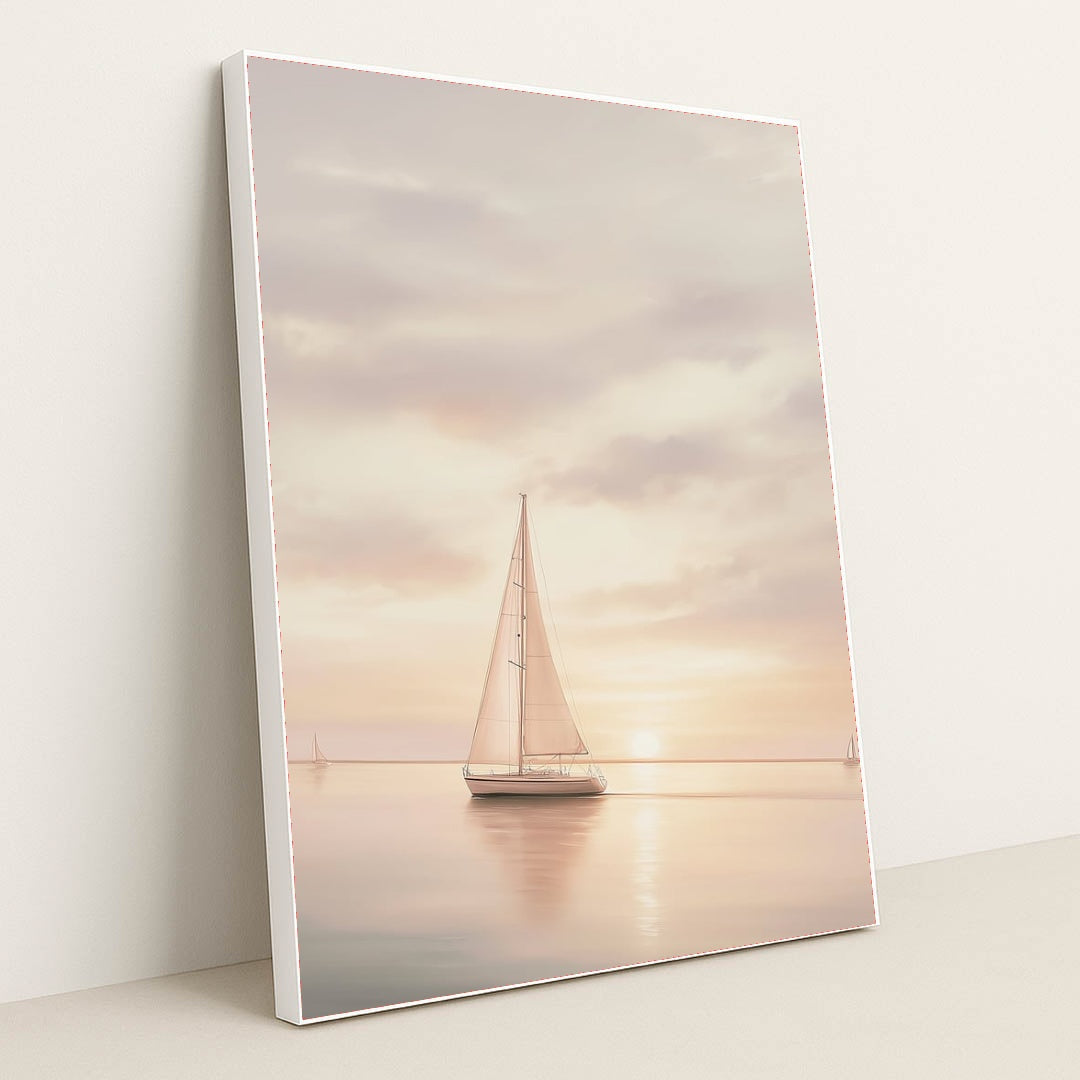 Pastel Passage artwork features a serene sailboat on calm water at sunset, with soft pastel skies, displayed in a white frame.