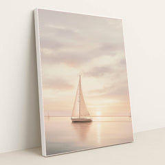 Pastel Passage artwork features a serene sailboat on calm water at sunset, with soft pastel skies, displayed in a white frame.