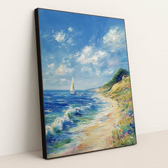 This artwork features a colorful impressionist seascape with a sailboat, waves, and wildflowers under a blue sky, in a black frame.