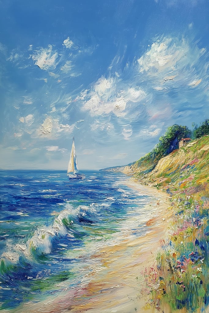 This artwork features a colorful impressionist seascape with a sailboat, waves, and wildflowers under a blue sky.