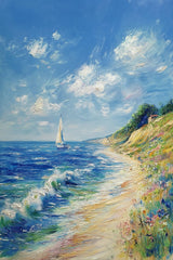This artwork features a colorful impressionist seascape with a sailboat, waves, and wildflowers under a blue sky.