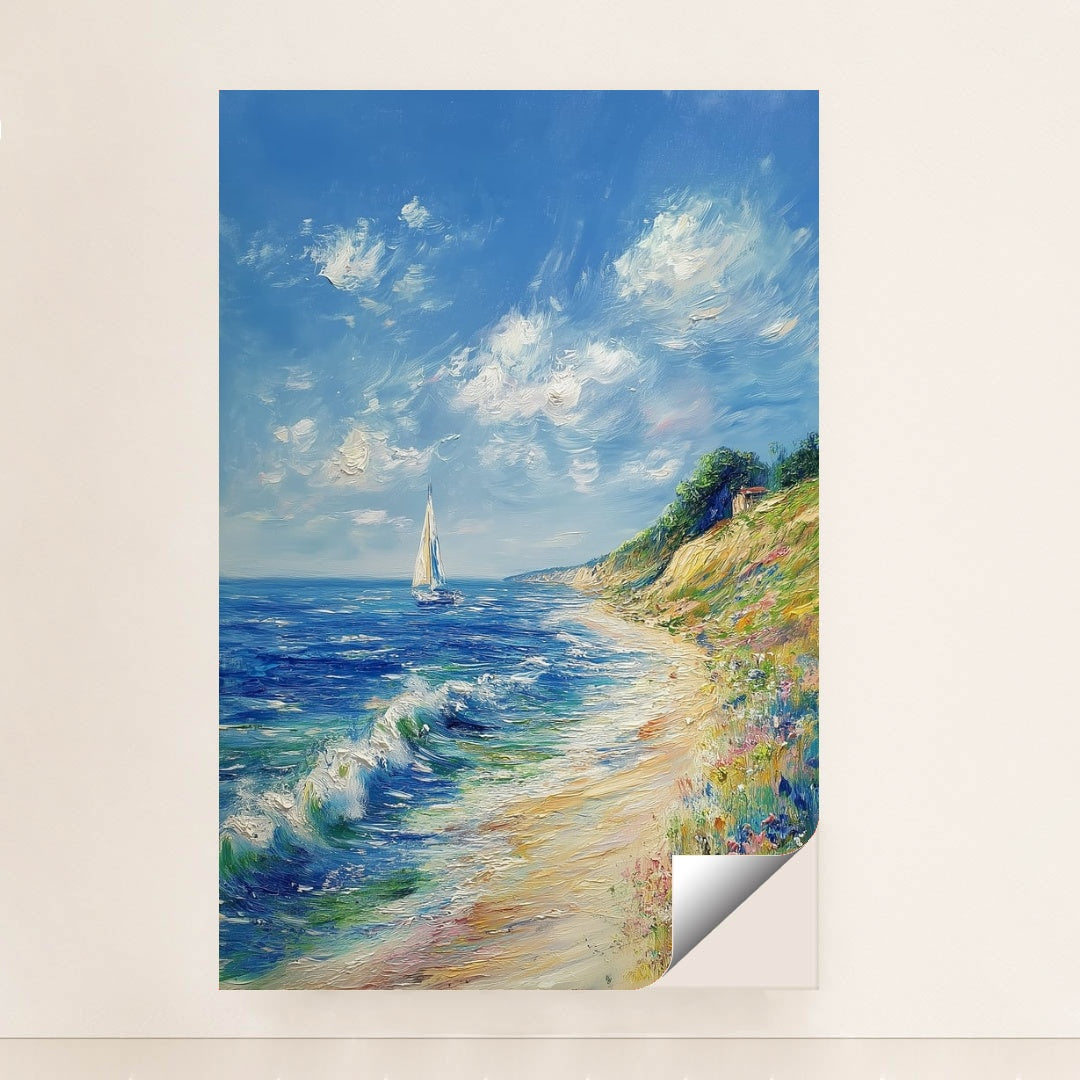 This artwork features a colorful impressionist seascape with a sailboat, waves, and wildflowers under a blue sky, unframed.