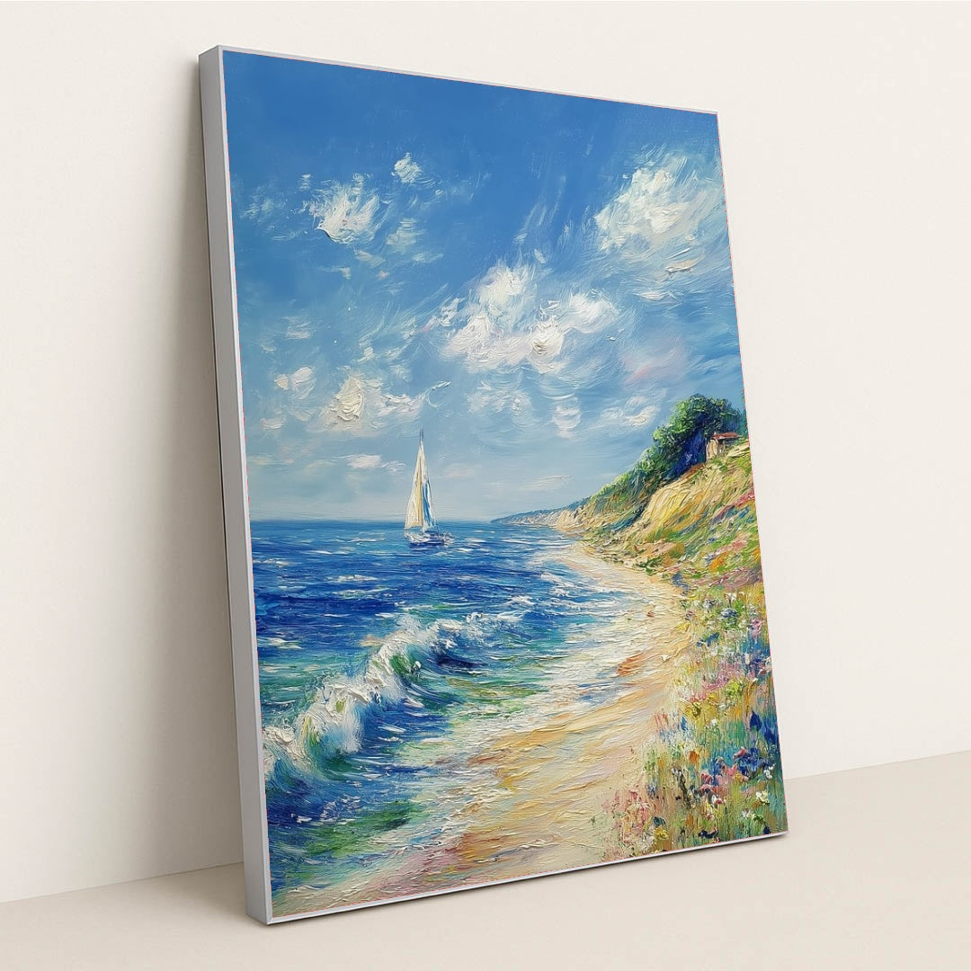 This artwork features a colorful impressionist seascape with a sailboat, waves, and wildflowers under a blue sky, in a silver frame.