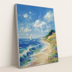 This artwork features a colorful impressionist seascape with a sailboat, waves, and wildflowers under a blue sky, in a silver frame.