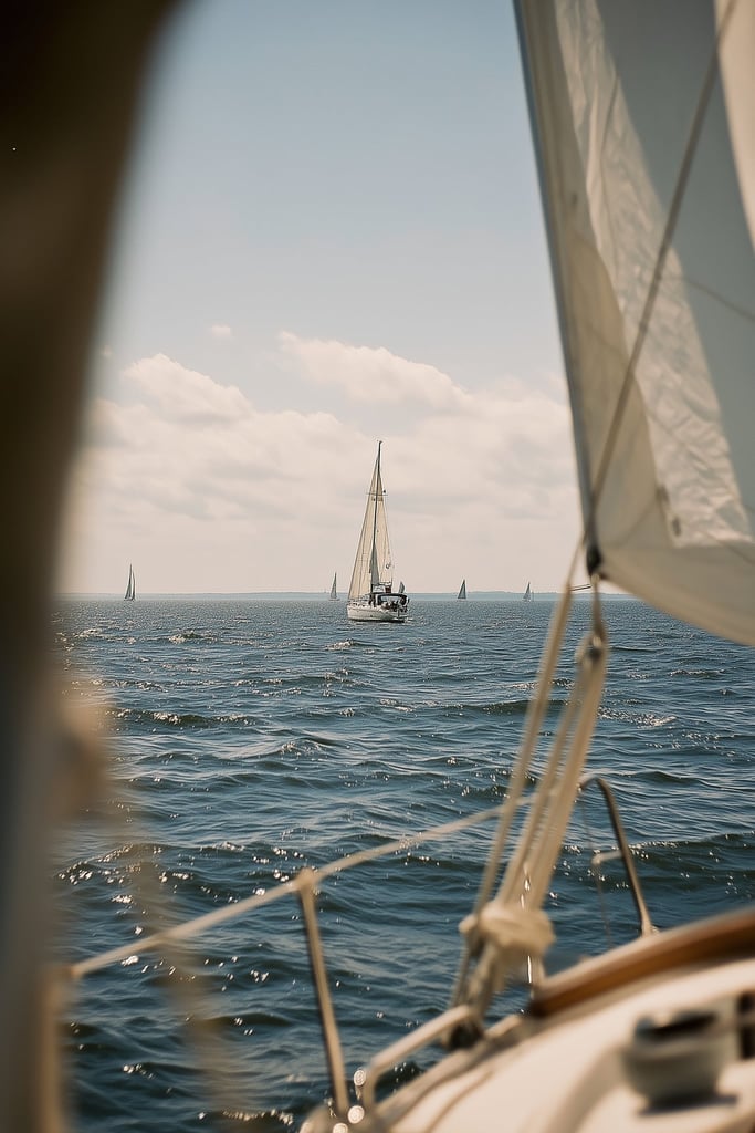 This artwork features a sailboat on deep blue water under a blue sky, viewed from another boat.