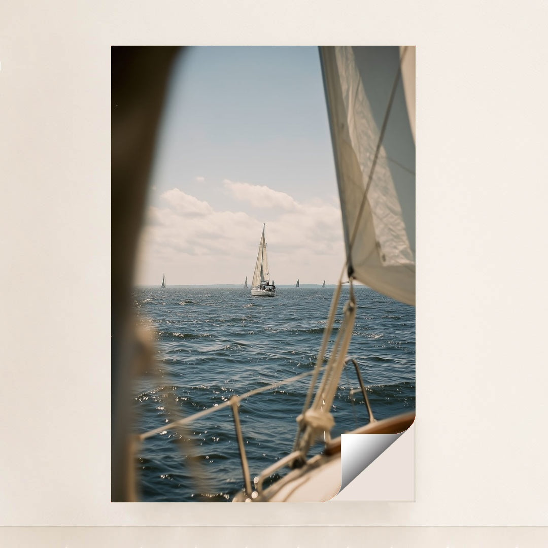 This artwork features a sailboat on deep blue water under a blue sky, viewed from another boat, unframed.