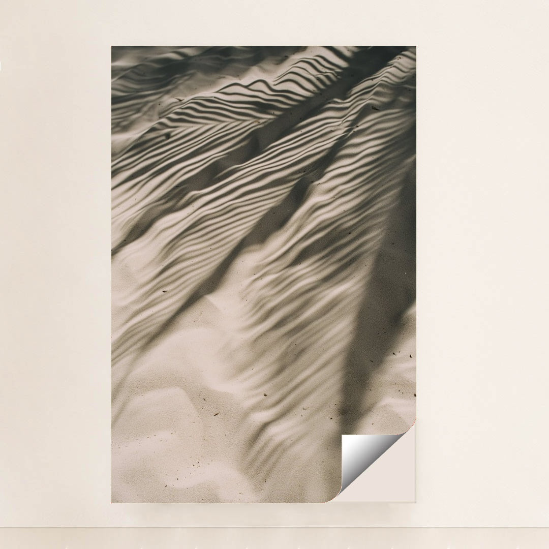 This artwork features rippled sand with striking palm leaf shadows, creating an abstract natural pattern, shown unframed.