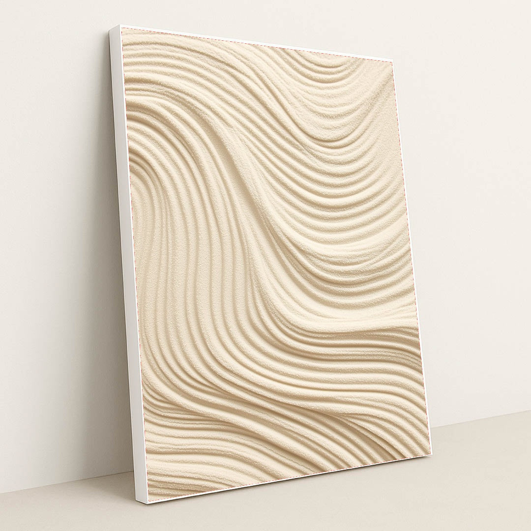 This artwork features smooth, wavy lines of textured tan sand in an abstract pattern, in a white frame.