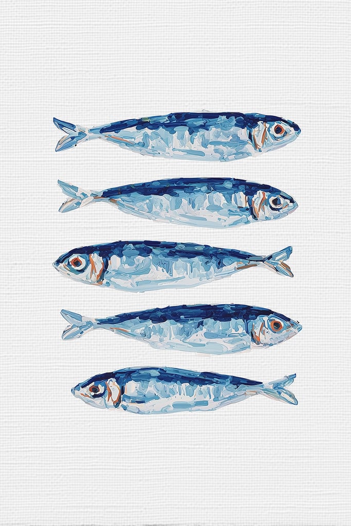 Blue Fin Row artwork features five blue and silver fish illustrated in a row on a white textured background.