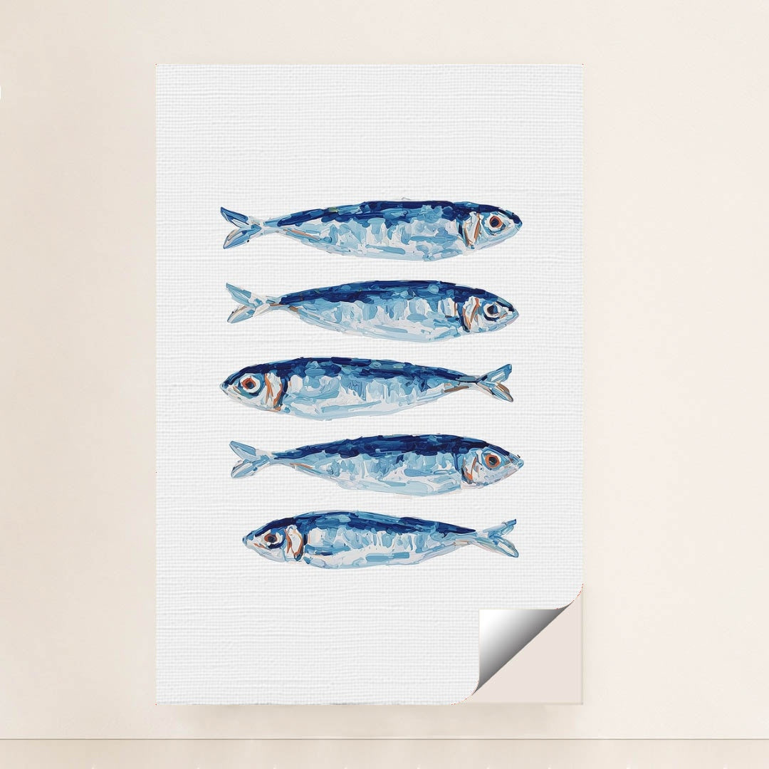Blue Fin Row artwork features five blue and silver fish illustrated in a row on a white textured background, shown in a unframed style.