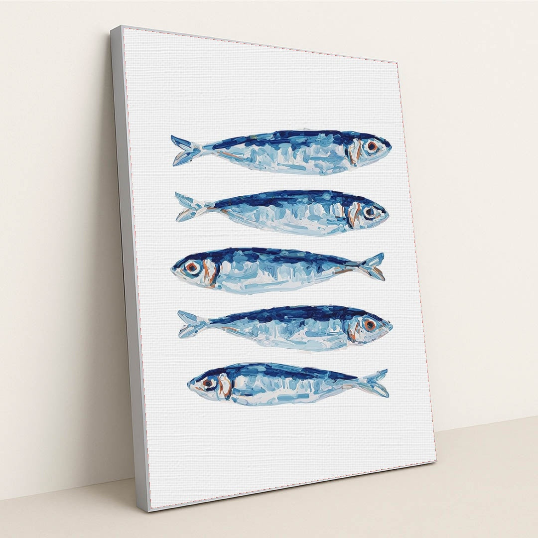 Blue Fin Row artwork features five blue and silver fish illustrated in a row on a white textured background, displayed in a silver frame.
