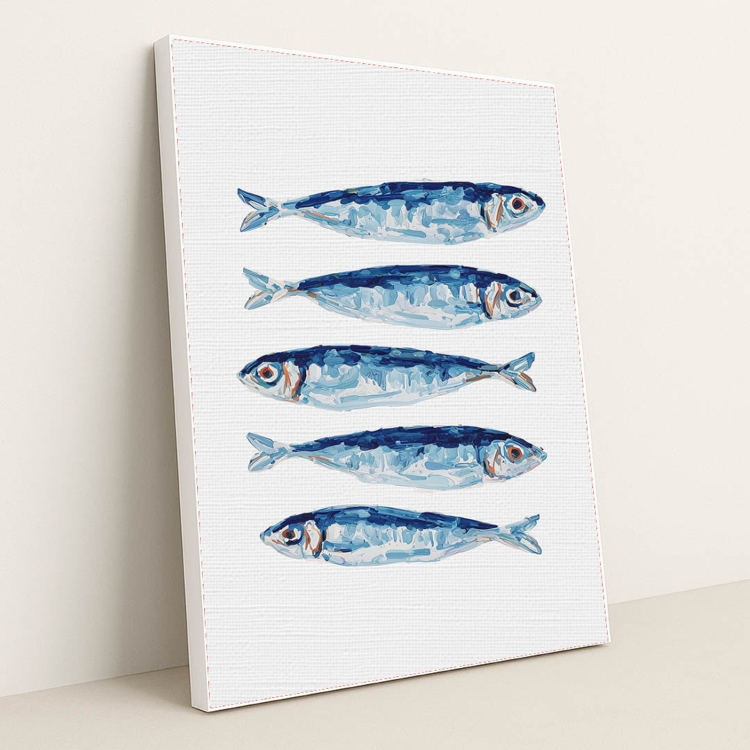 Blue Fin Row artwork features five blue and silver fish illustrated in a row on a white textured background, displayed in a white frame.