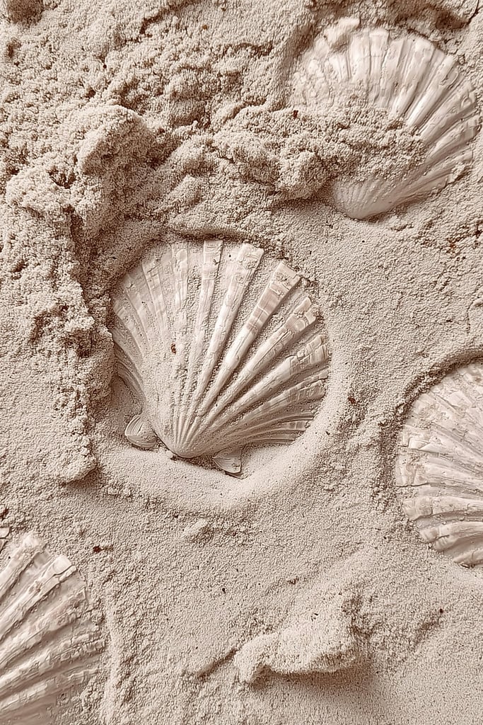 This artwork features white scallop shell imprints in smooth pale sand.
