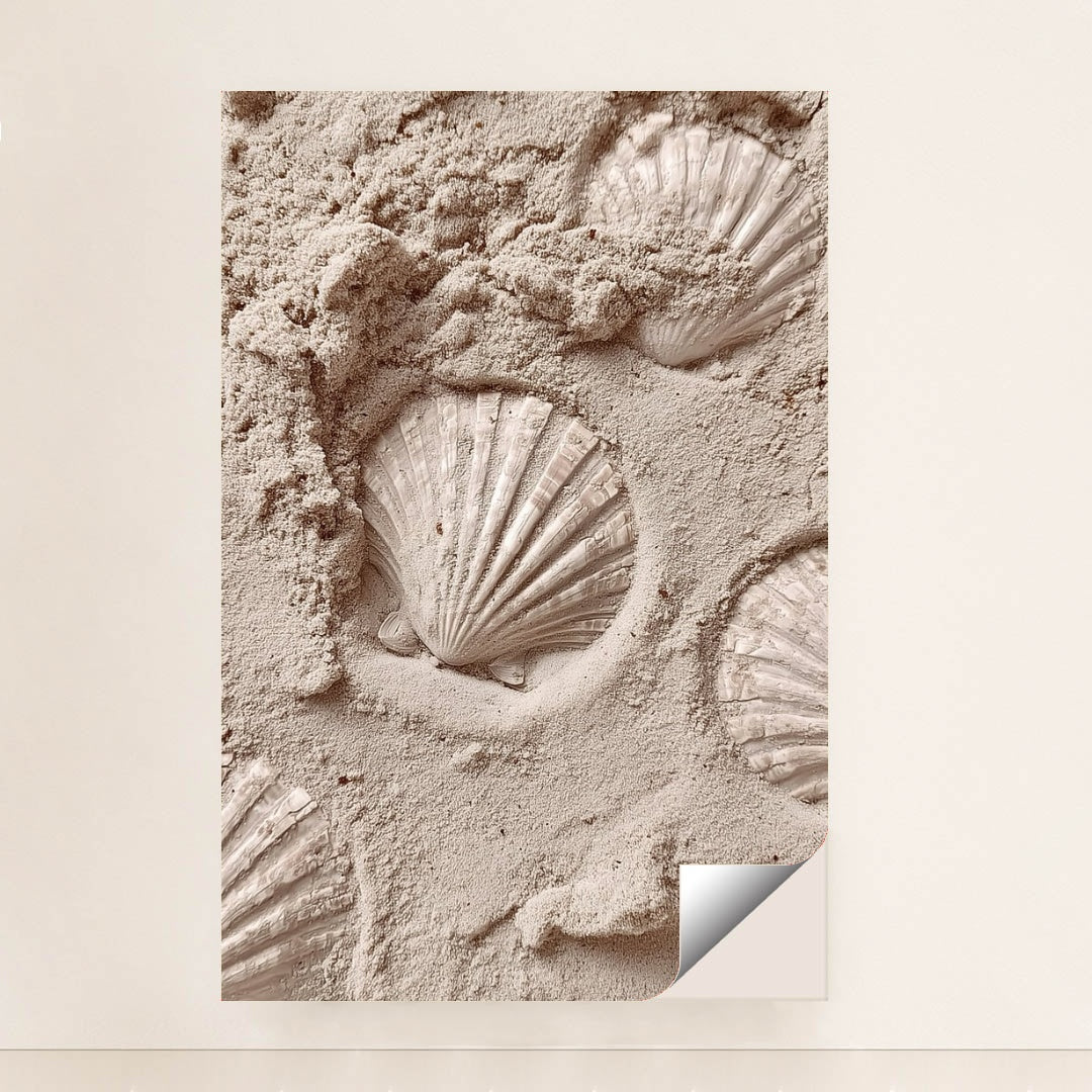 This artwork features white scallop shell imprints in smooth pale sand, unframed.