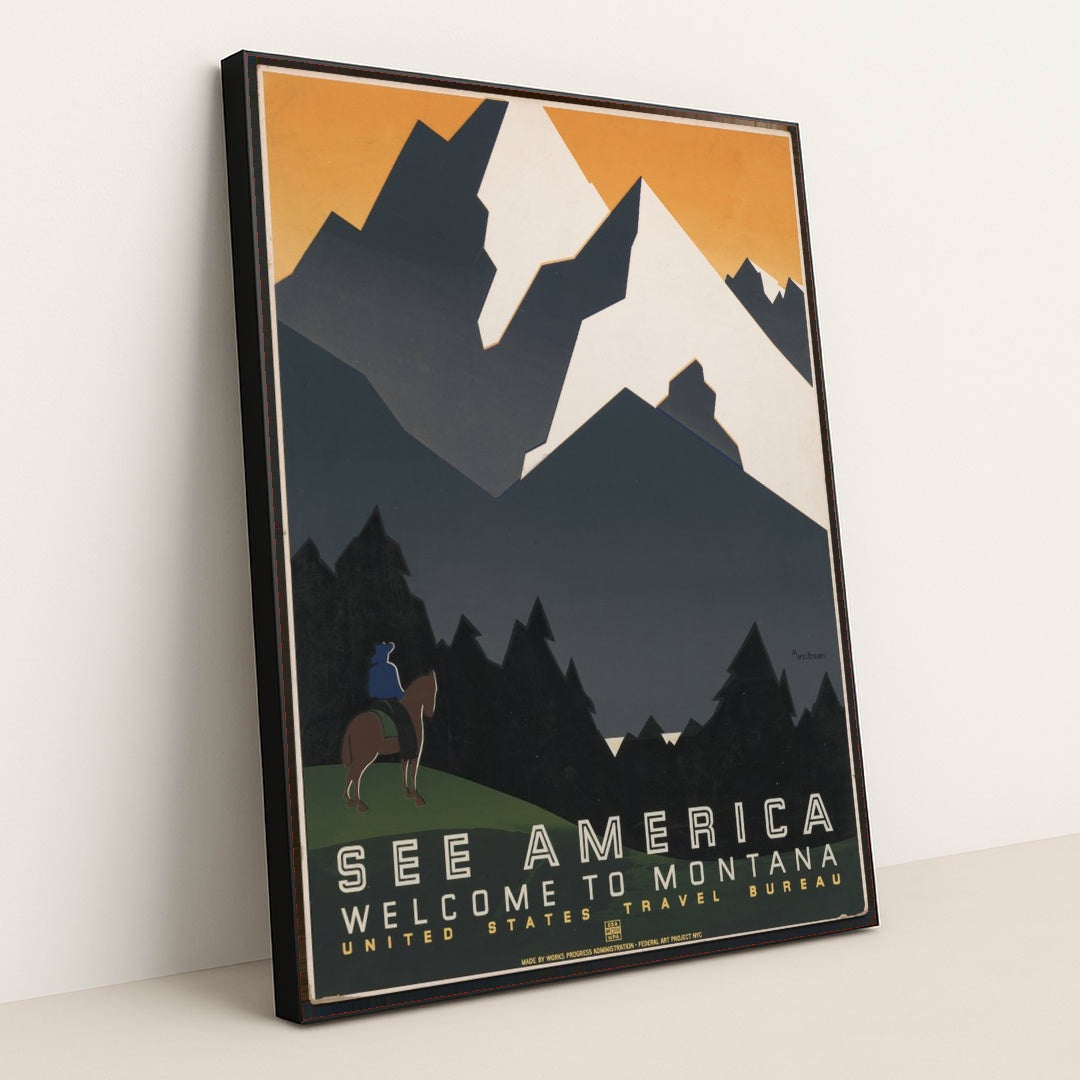 See America. Welcome to Montana (1936) by Martin Weitzman - Black Frame Stretchiez