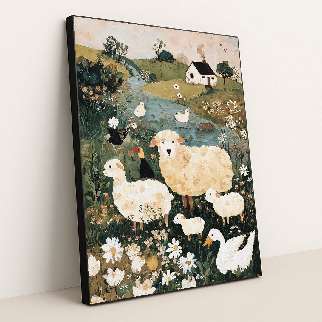 Sheep in the Meadow by Anna Stone - Black Frame Stretchiez