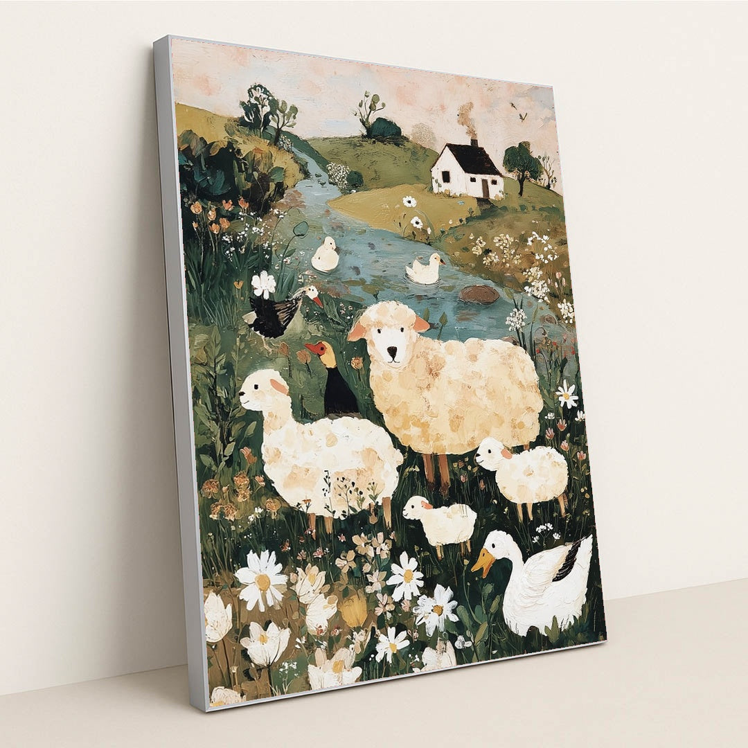 Sheep in the Meadow by Anna Stone - Silver Frame Stretchiez
