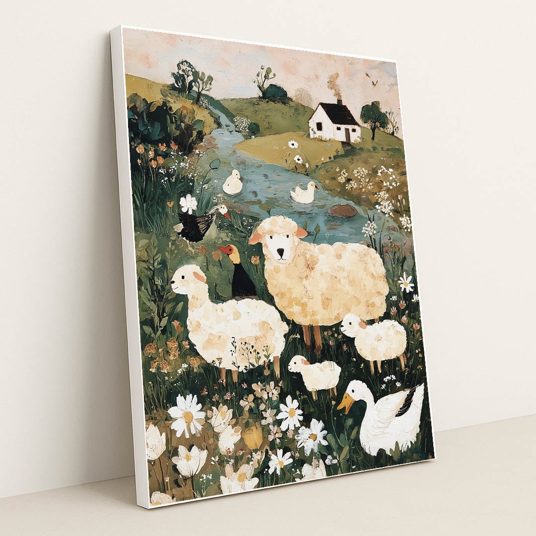 Sheep in the Meadow by Anna Stone - White Frame Stretchiez