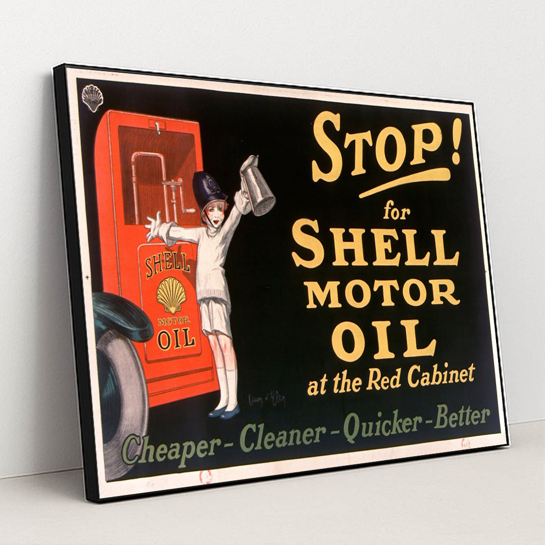 Stop! for Shell motor oil at the Red Cabinet (1926) by Jean d'Ylen - Black Frame Stretchiez