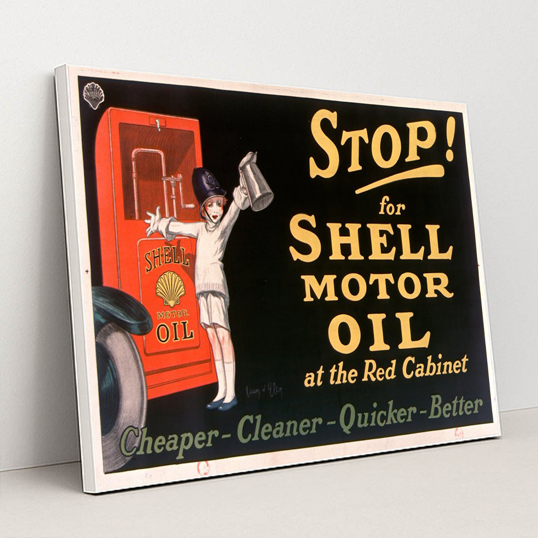 Stop! for Shell motor oil at the Red Cabinet (1926) by Jean d'Ylen - White Frame Stretchiez
