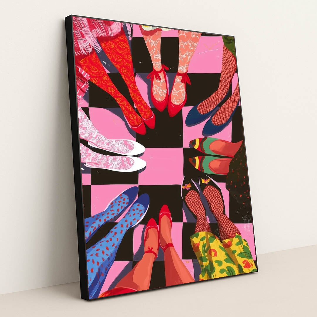 This artwork shows a circle of people with brightly patterned shoes and stockings standing on a pink and black checkerboard floor, in a black frame.