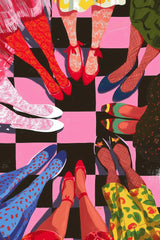 This artwork shows a circle of people with brightly patterned shoes and stockings standing on a pink and black checkerboard floor, unframed.