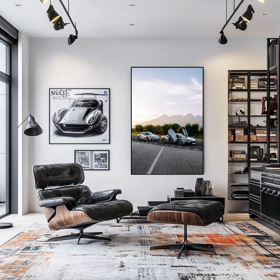Maserati MC20 Meets Porsche GT3 wall art displayed in a modern living room with elegant decor.