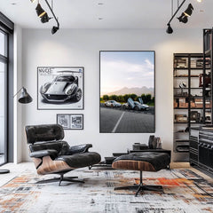 Maserati MC20 Meets Porsche GT3 wall art displayed in a modern living room with elegant decor.