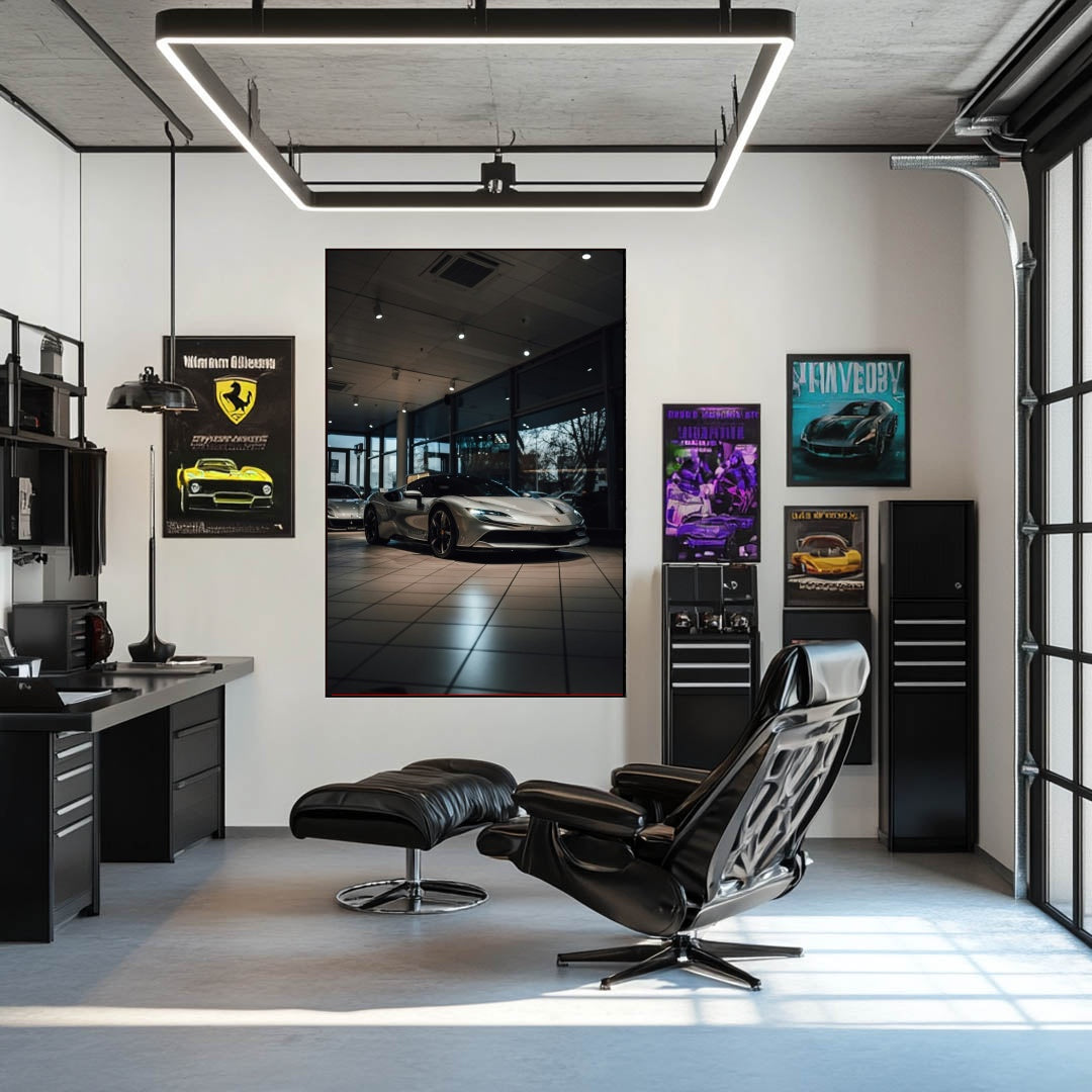Ferrari SF90 Stradale in Showroom showcased as wall art in a modern office with stylish decor.