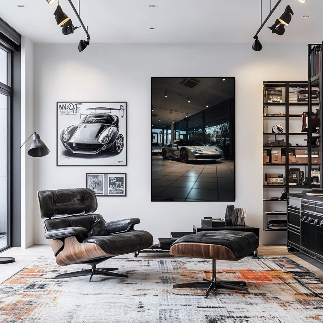 Modern living room showcasing car wall art featuring a Ferrari SF90 Stradale in Showroom on display.
