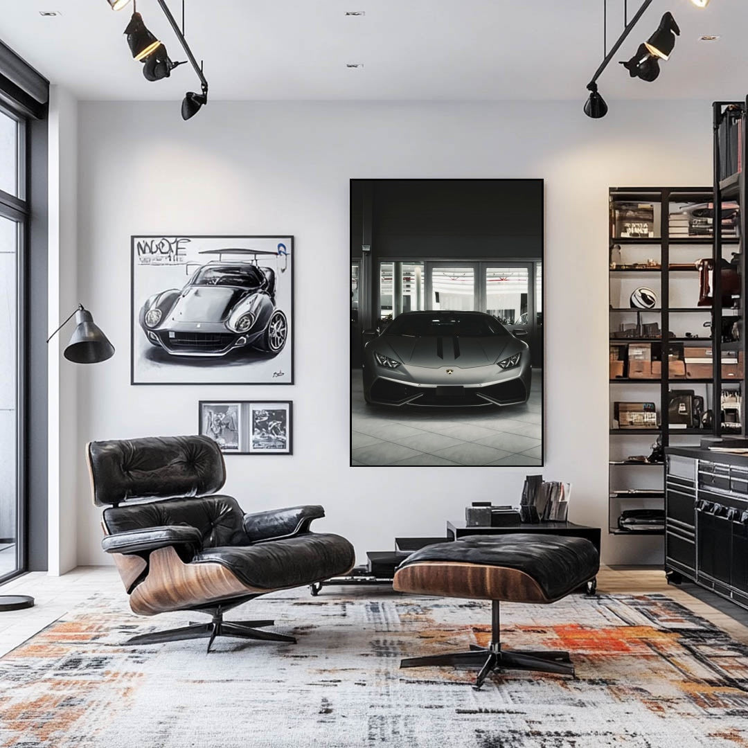 Lamborghini Stare Down displayed in a modern showroom, showcasing matte gray finish and luxury car wall art.