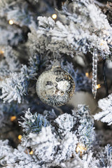 craveiro_ pics - Silver bauble on frosted Christmas tree with warm lights, evoking winter holiday charm.