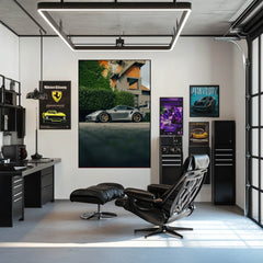 GT3 RS in City Hideaway wall art in a modern office with a sleek design and car-themed posters.
