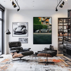 GT3 RS in City Hideaway displayed as elegant car wall art in a modern living room setting.