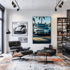 Porsche 911 Turbo S in Coastal Air car wall art displayed in a stylish modern living room with retro furniture.