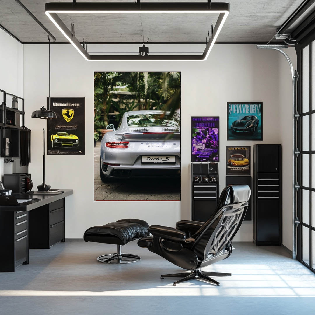 Silver 911 Turbo S Porsche Coupe in Focus displayed as car wall art in a stylish office setting.