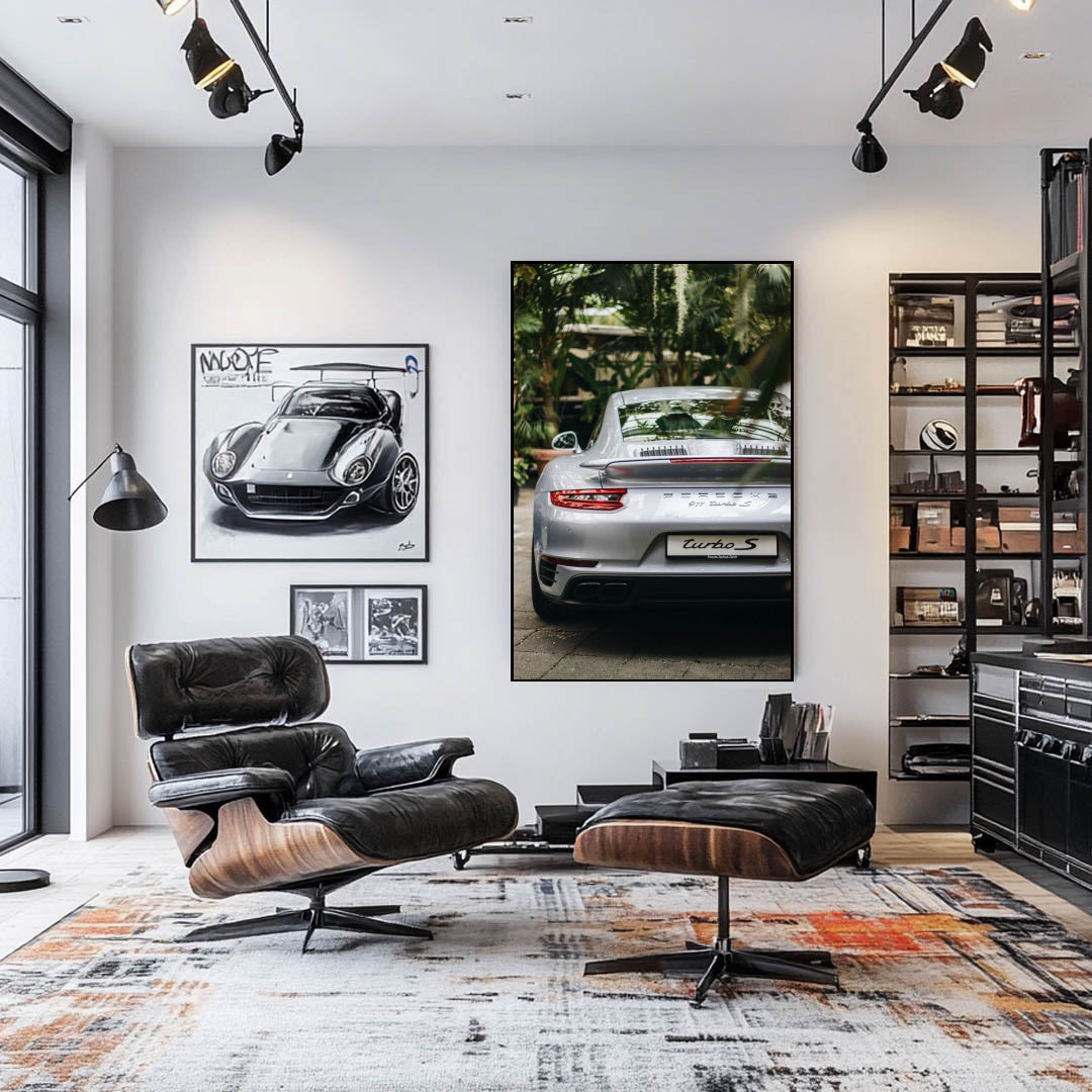 Silver 911 Turbo S Porsche Coupe in Focus displayed as car wall art in a contemporary living space.