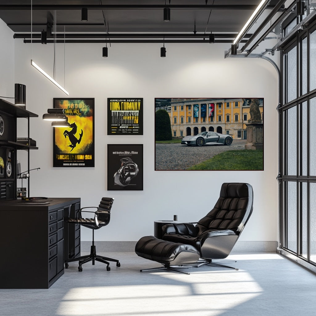 Porsche 918 Spyder at European Estate showcased in stylish office decor, featuring modern design and sleek car wall art.