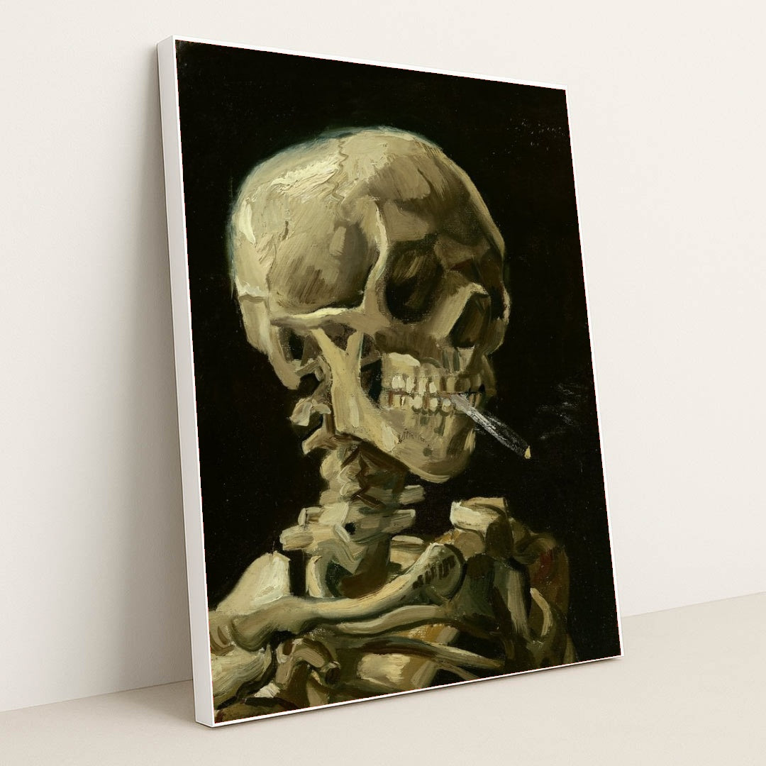 Skull With Burning Cigarette by Vincent van Gogh - White Frame Stretchiez
