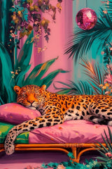 This artwork shows a lounging leopard on a pink couch surrounded by tropical plants and a sparkling disco ball.